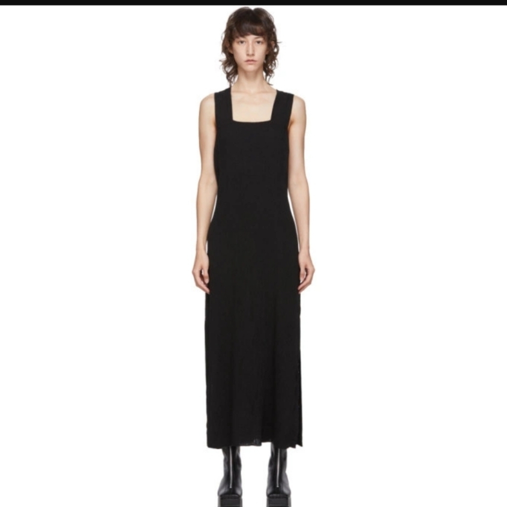 Raquel Allegra Black Apron Maxi Crepe Dress Side Slits Square Neck Size 0